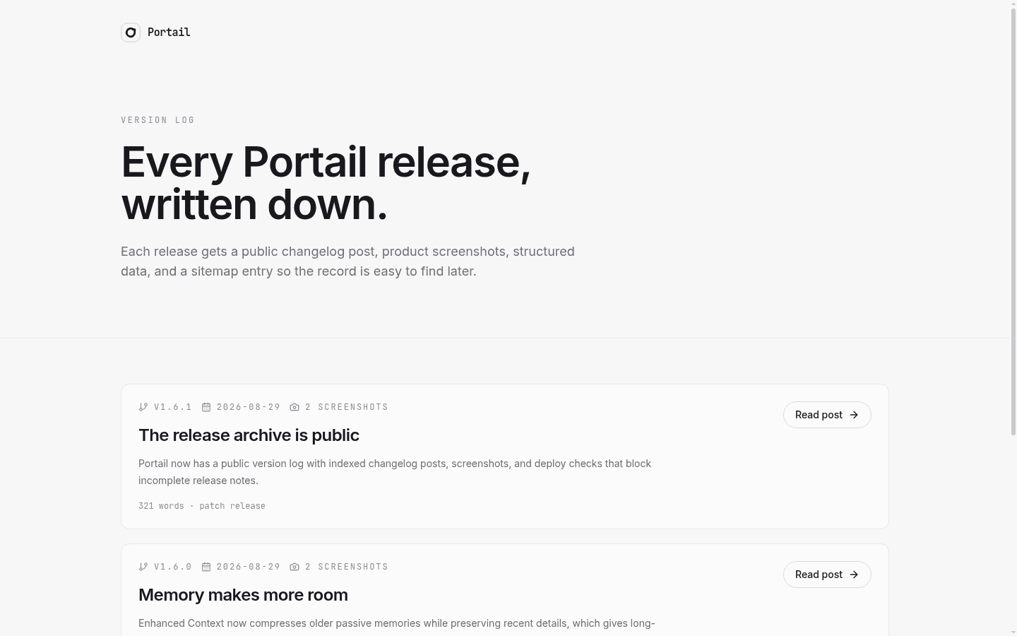 Portail versions page listing v1.6.1 and v1.6.0