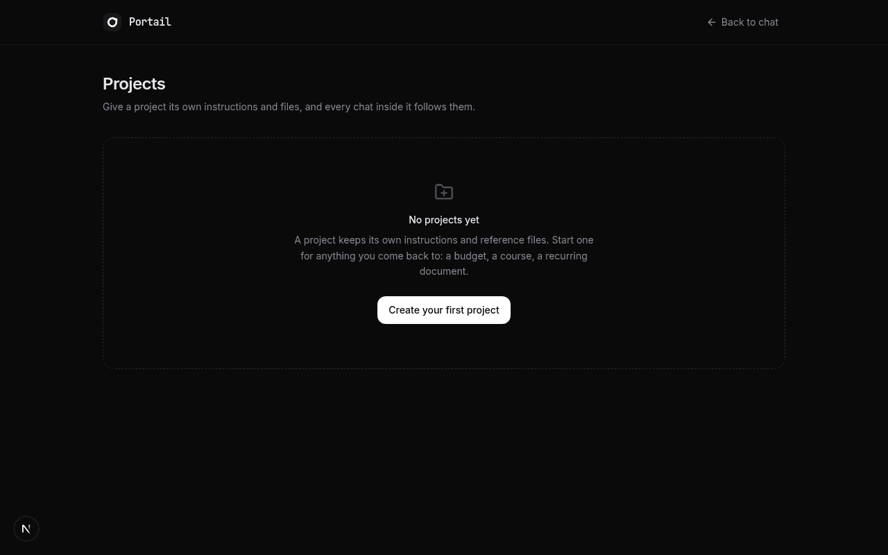 The Portail Projects page showing the heading, description, and the empty state inviting you to create your first project