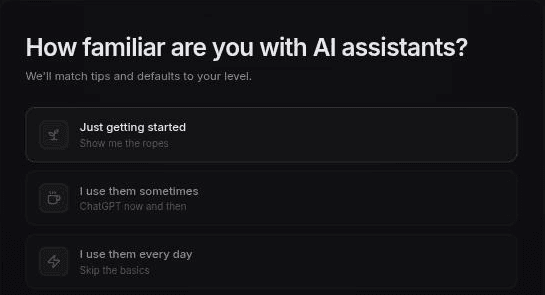 Portail onboarding asking how familiar you are with AI assistants