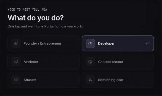 Portail onboarding asking what you do, with Developer selected