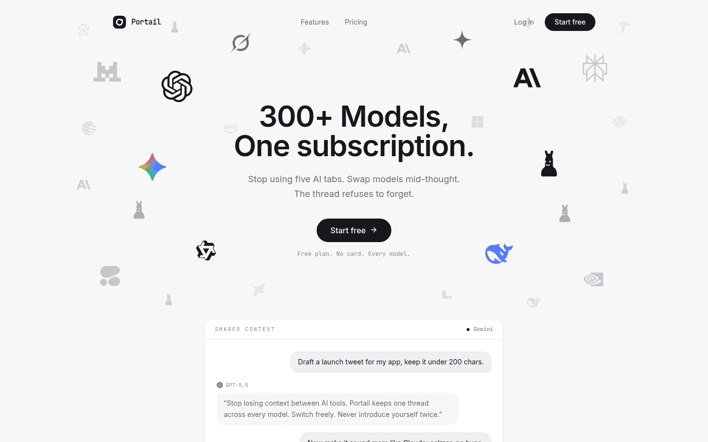 The portail.cc hero with the headline, a single Start free button, and the chat demo below it