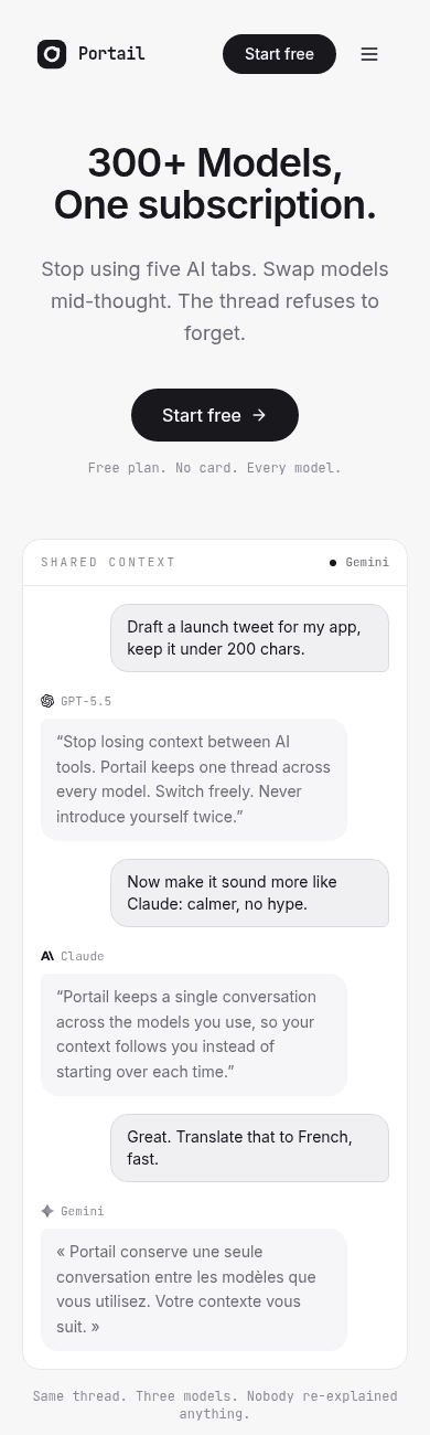 The portail.cc hero on a phone showing the full three-model chat demo