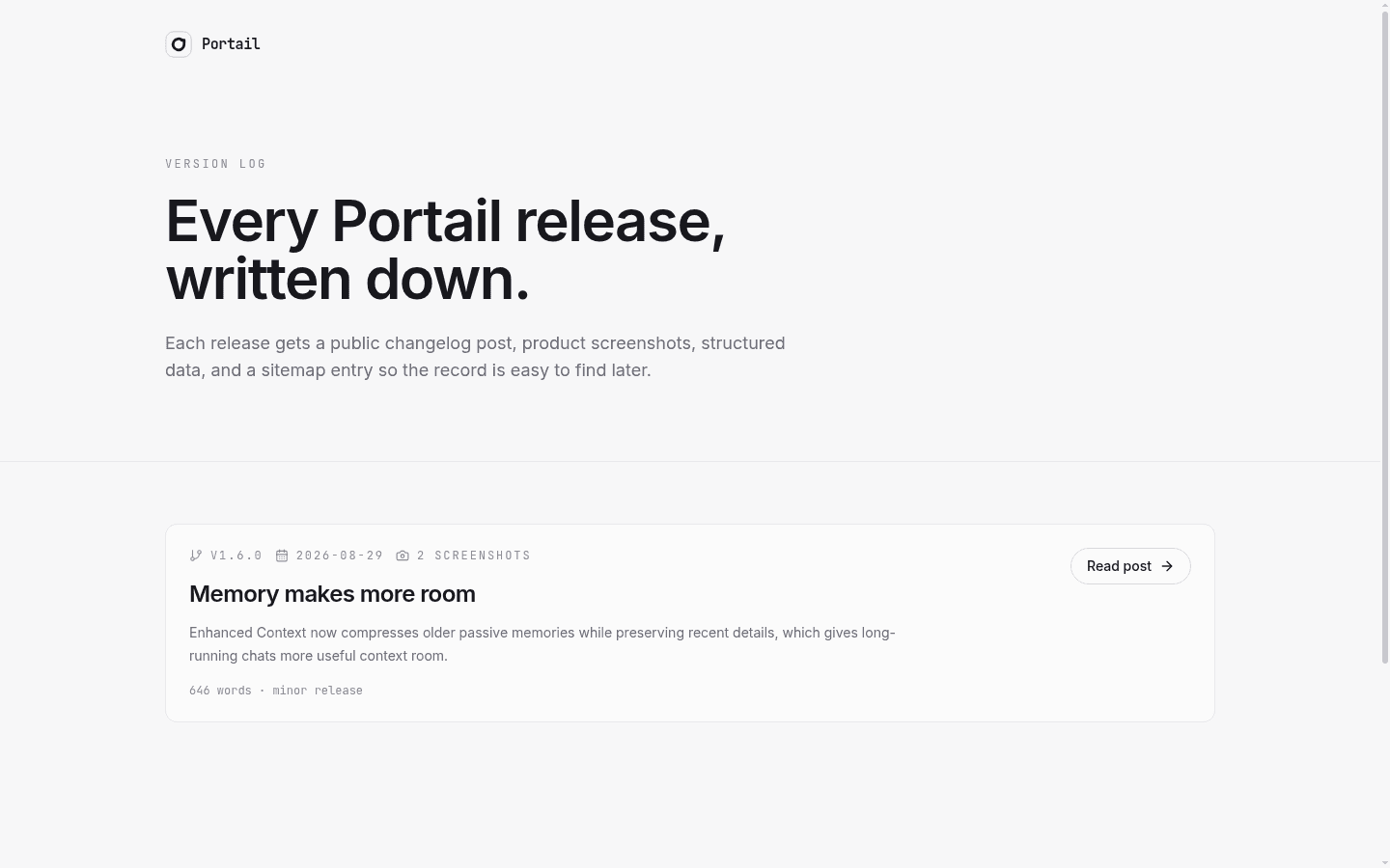 Portail versions page showing the v1.6.0 release entry