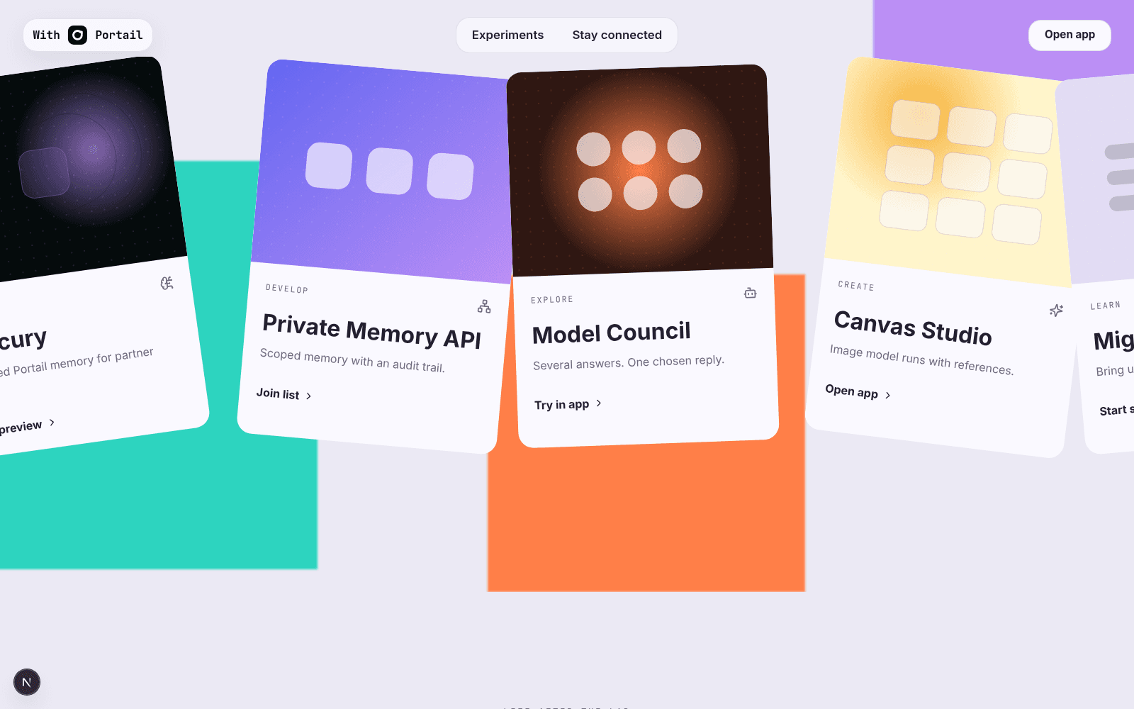 The With Portail experiments grid showing Private Memory API, Model Council, and Canvas Studio cards