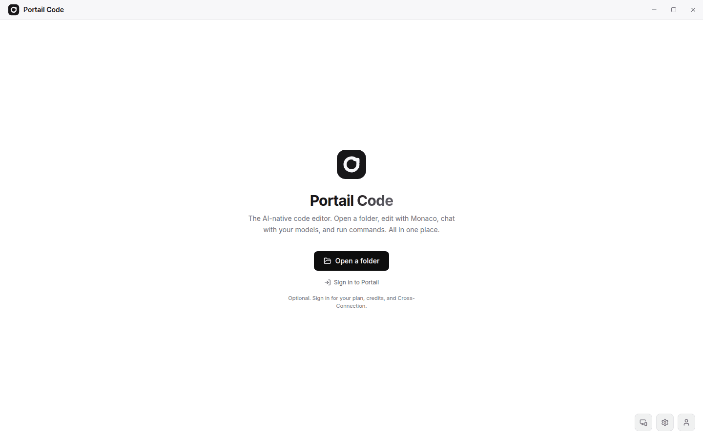 The Portail Code desktop welcome screen with the new product name and an Open a folder button