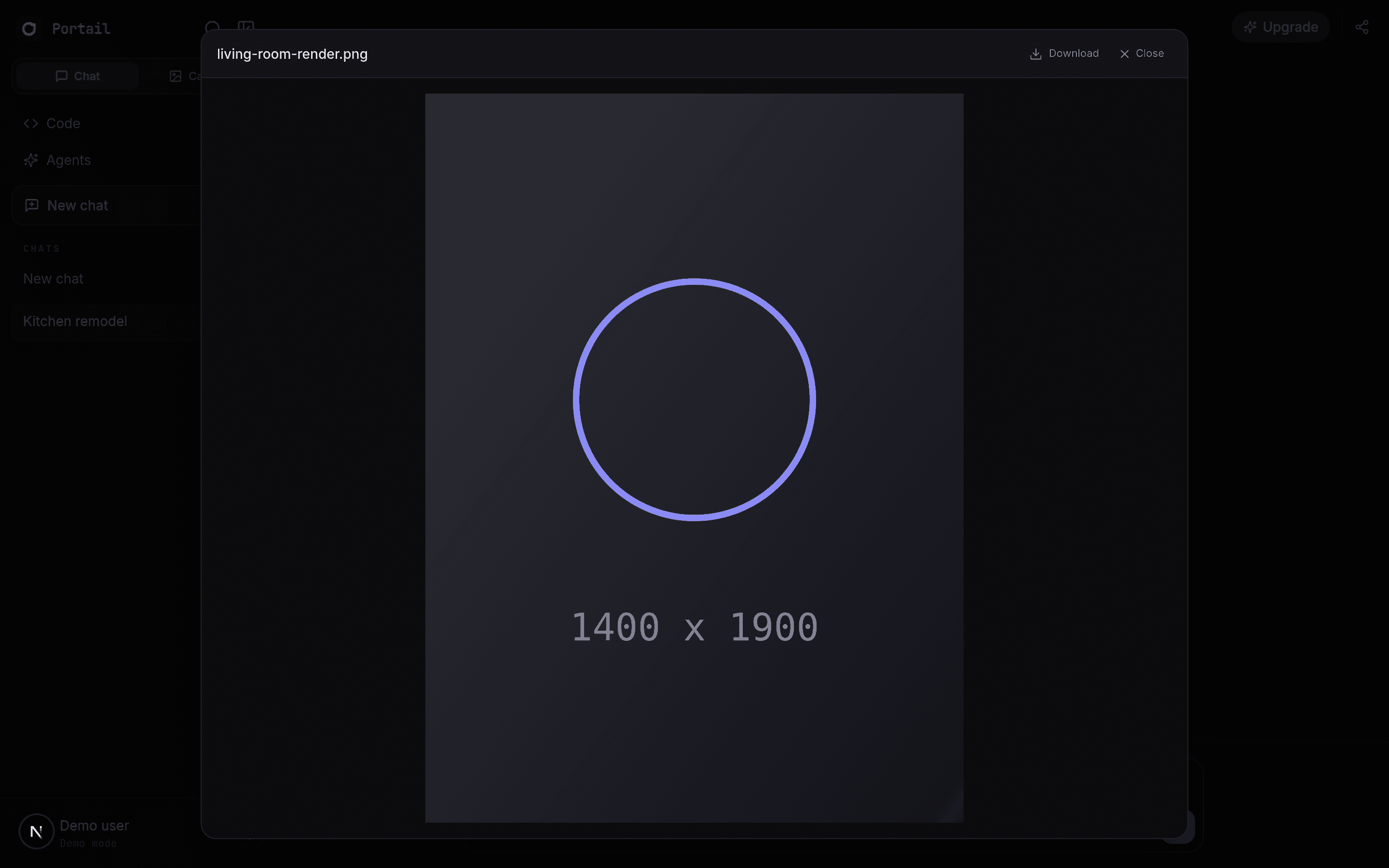 The Portail image preview open over the chat, showing a tall image fitted entirely inside the viewport with the file name, Download and Close controls along the top