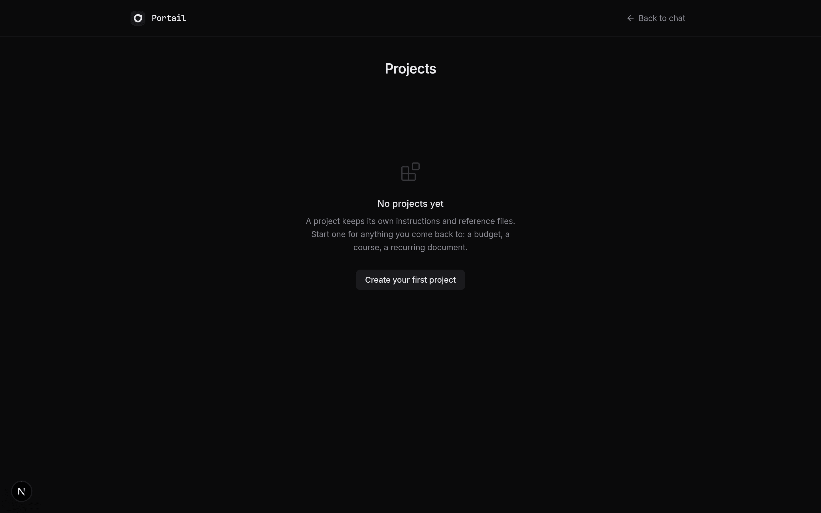 The Portail Projects page with a centred Projects heading and an empty state inviting you to create your first project