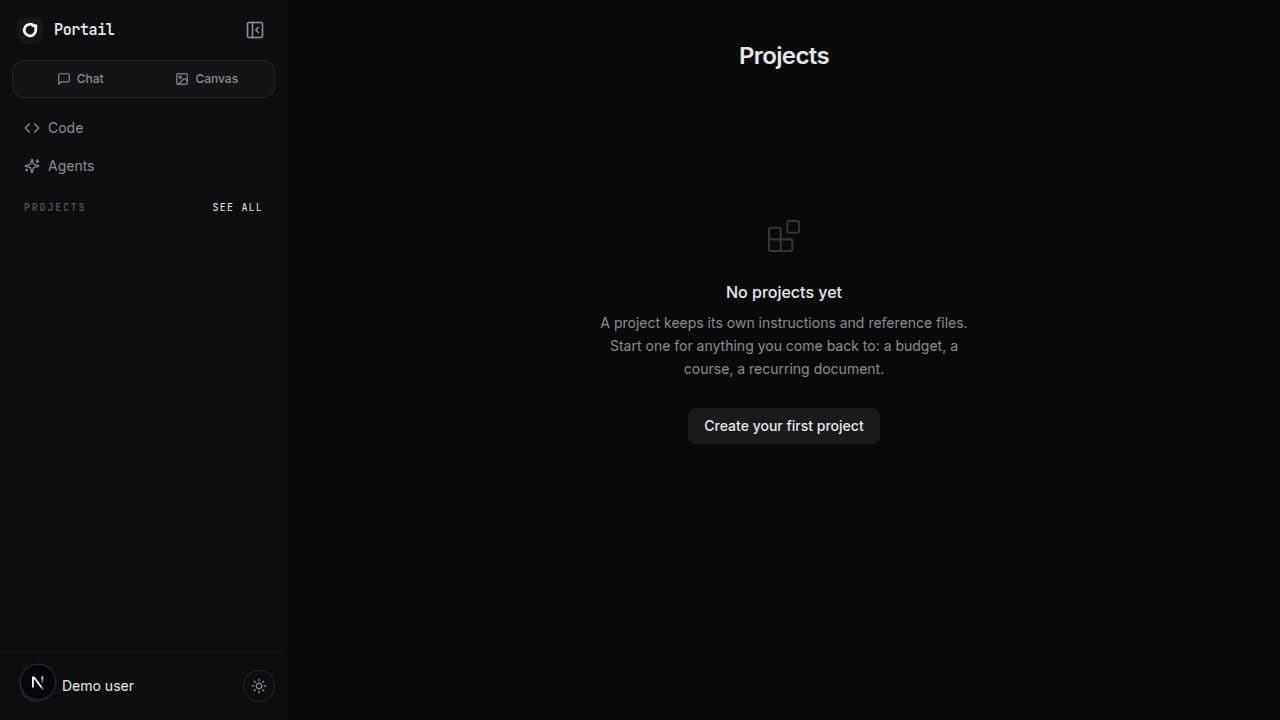The Portail Projects page inside the app sidebar, with Chat, Canvas, Code, Agents, Projects, account, and theme controls on the left
