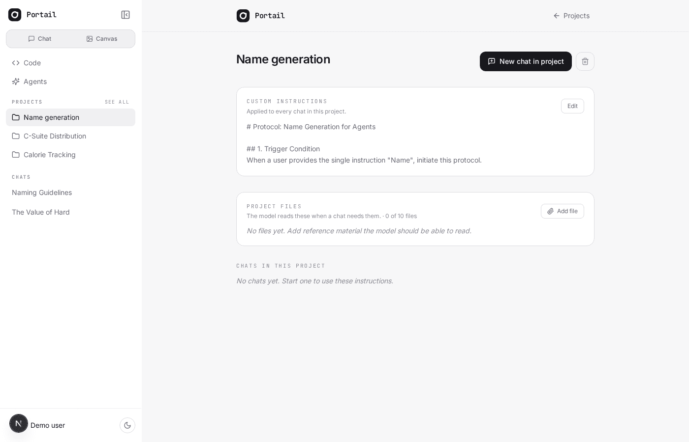 A Portail project page inside the app sidebar, with the current project highlighted in the Projects list