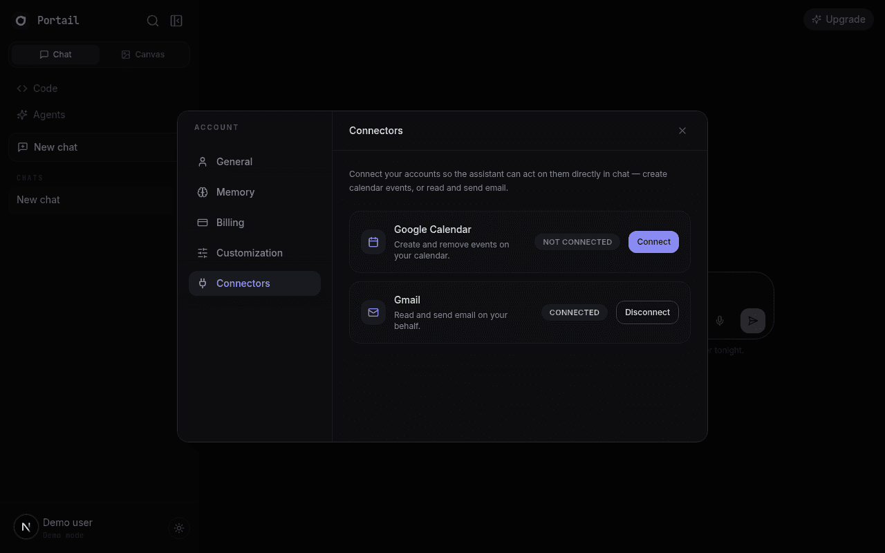 The Settings > Connectors tab showing Google Calendar not connected and Gmail connected, each with a Connect or Disconnect button