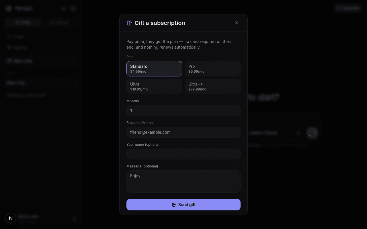 The Gift a subscription modal with plan, months, recipient email, sender name, and message fields, and a Send gift button