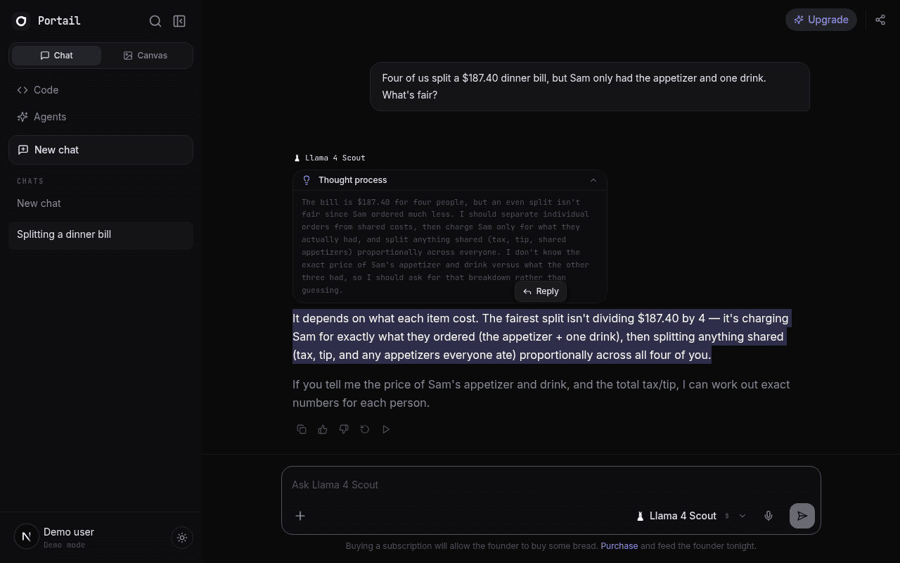 A chat reply with an expanded Thought process panel showing the model's reasoning, and a Reply button floating over a selected sentence