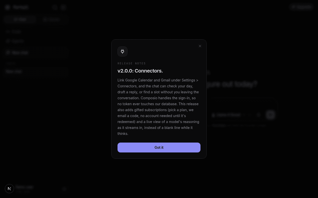 The Portail v2.0.0 release notes modal titled Connectors, describing Google Calendar and Gmail linking, gifted subscriptions, and live reasoning