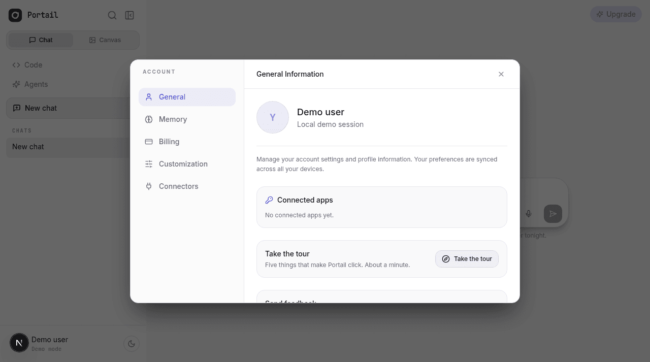 The Portail account settings modal, General tab, open over the chat
