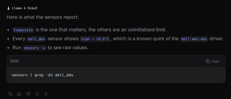 A reply with inline code highlighted inside bullet points and one bash code block below