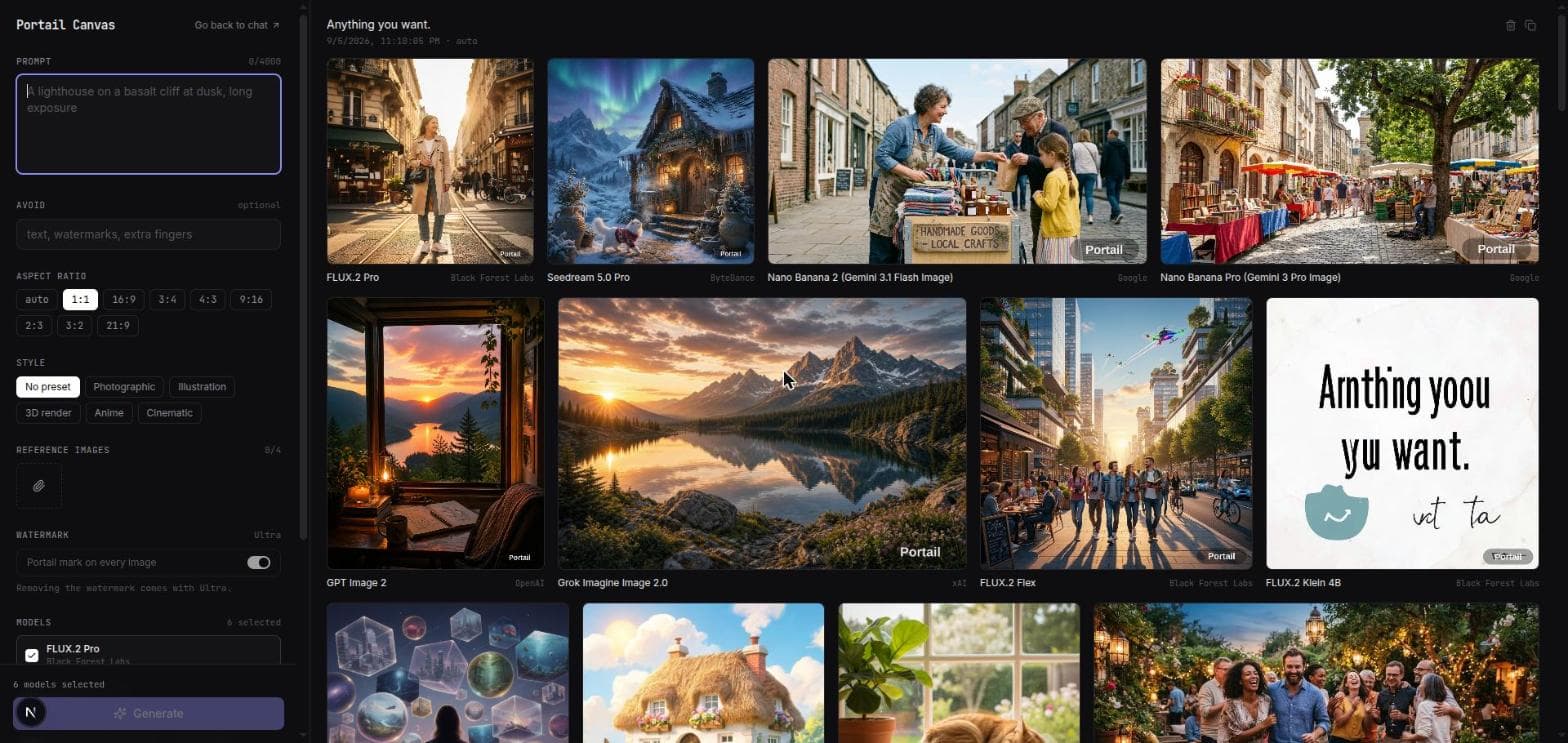Portail Canvas with the Watermark switch in the form and a gallery of generated images