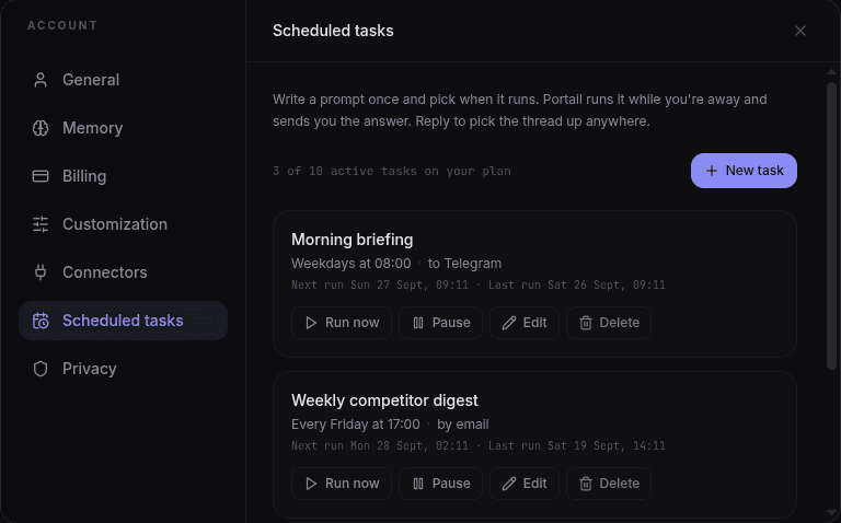 Scheduled tasks tab in Account settings listing a weekday morning briefing and a weekly competitor digest