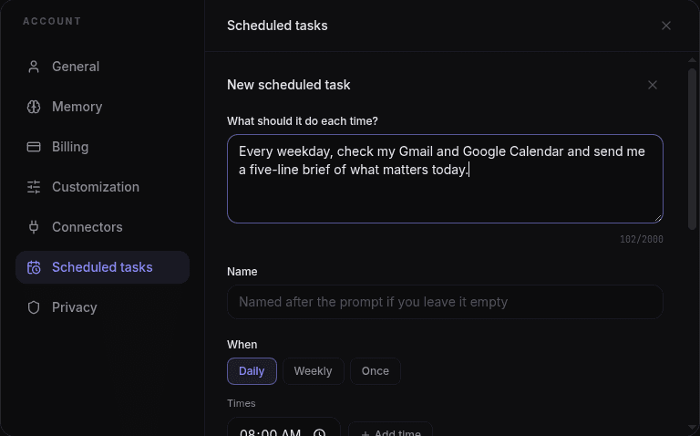 New scheduled task form with a prompt typed in and Daily, Weekly, Once schedule options