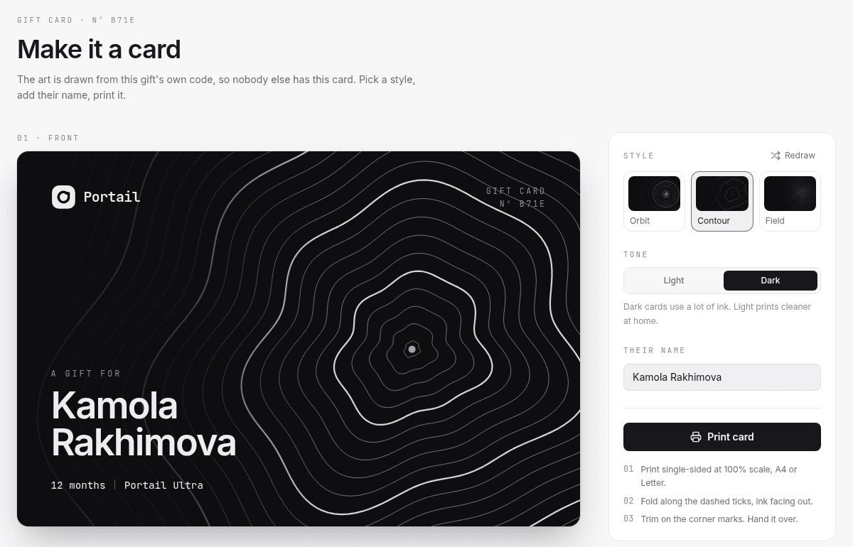 Gift card page with a dark Contour card for Kamola Rakhimova