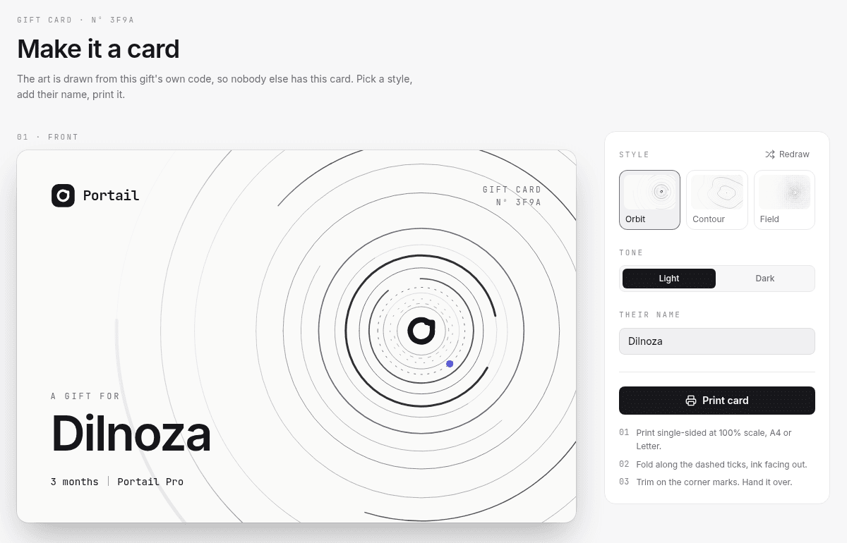 Gift card page with a light Orbit card for Dilnoza and the style controls