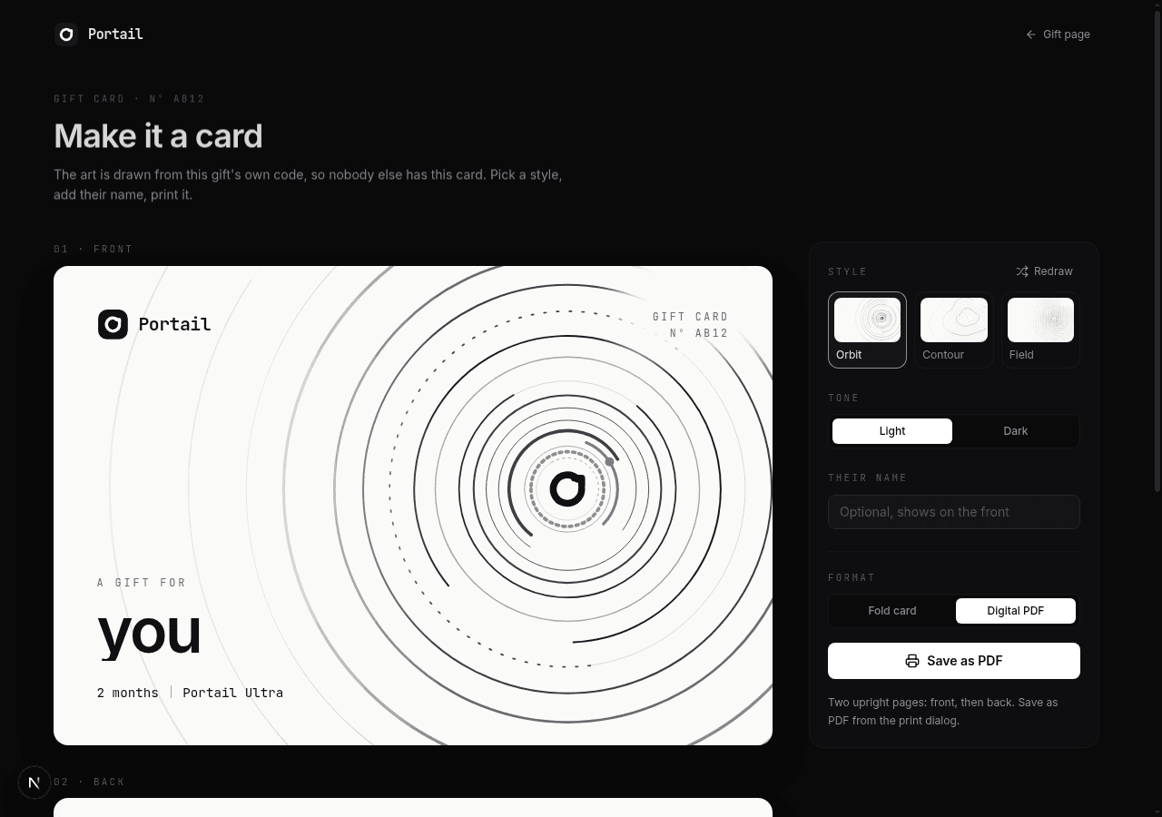 Gift card page with Digital PDF selected