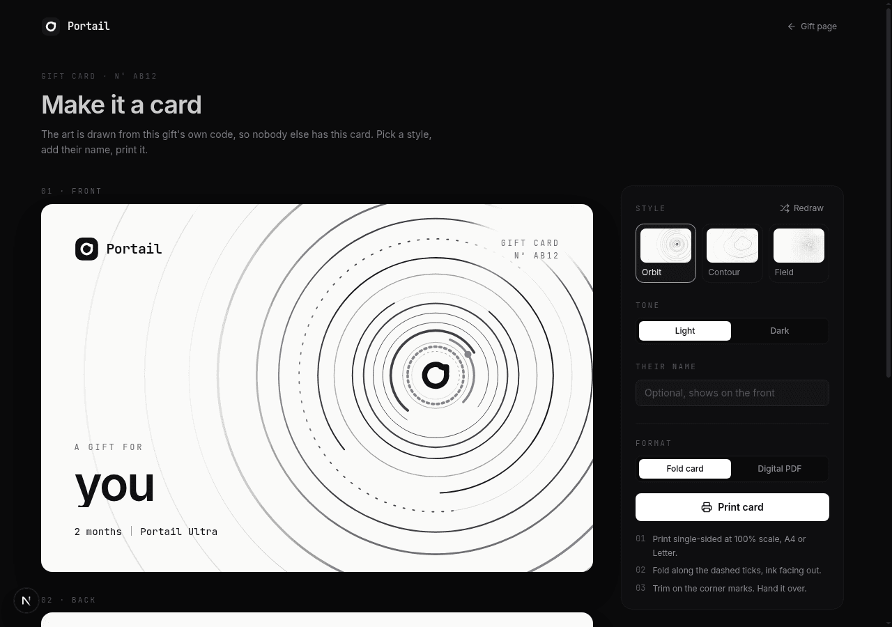 Gift card page with the new Format toggle