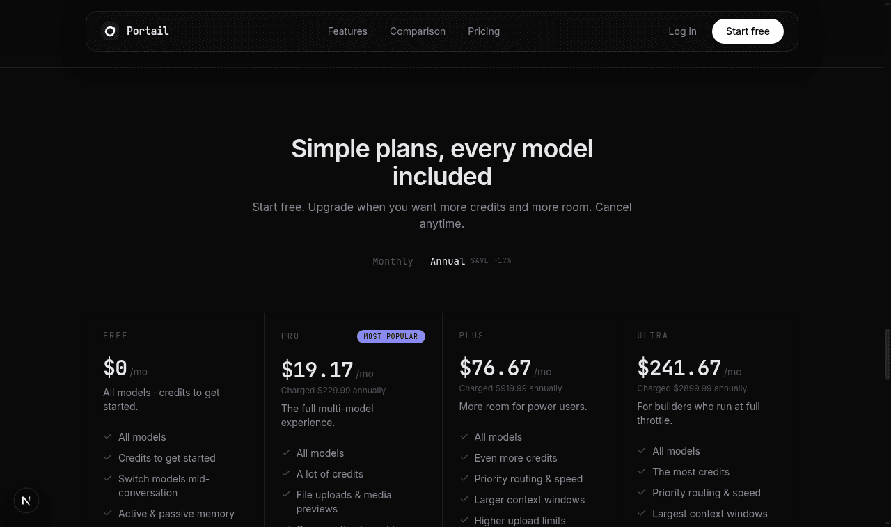 Portail pricing page showing Pro, Plus, and Ultra at their annual prices