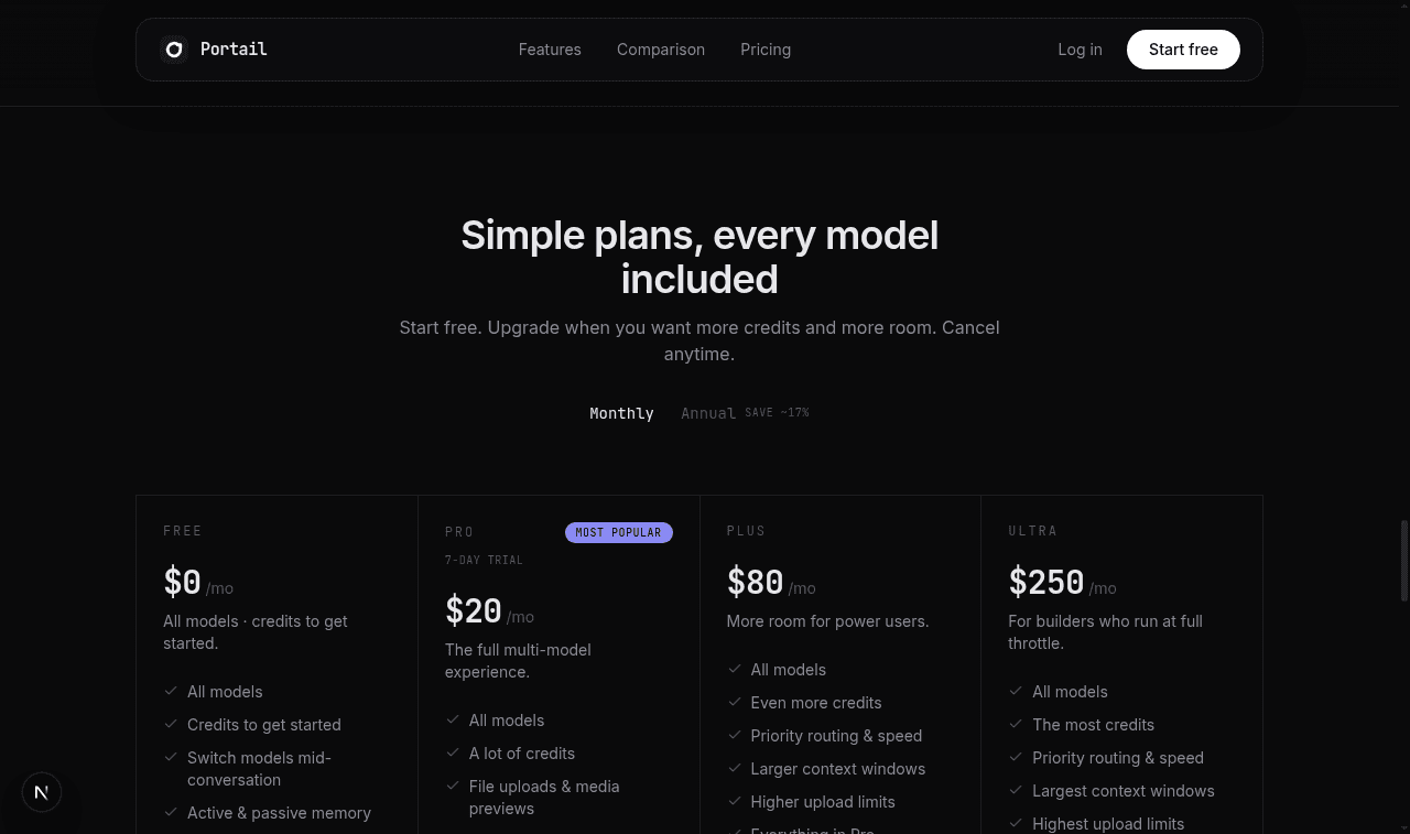 Portail pricing page showing Pro, Plus, and Ultra at their monthly prices