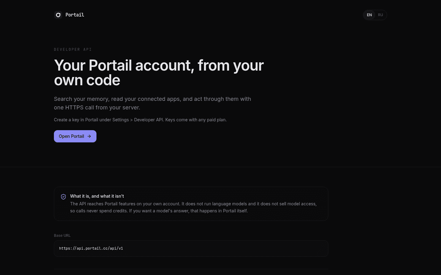 The Portail Developer API docs page on desktop