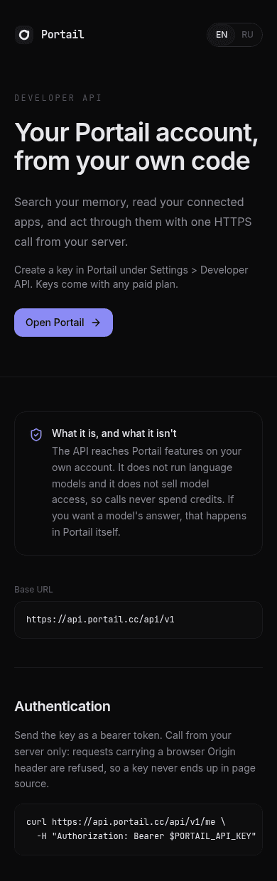The Portail Developer API docs page on a phone