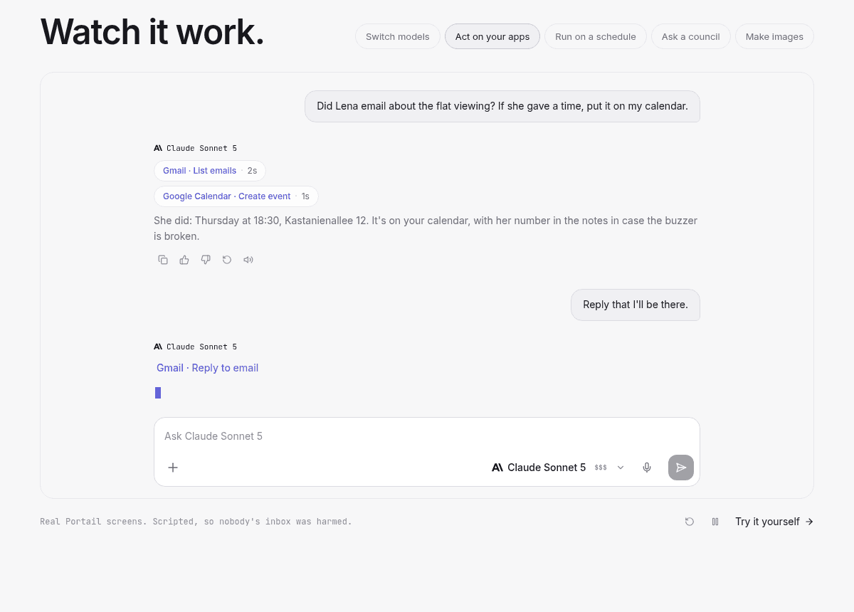 A scripted Portail chat where Claude Sonnet 5 lists Gmail emails and creates a Google Calendar event