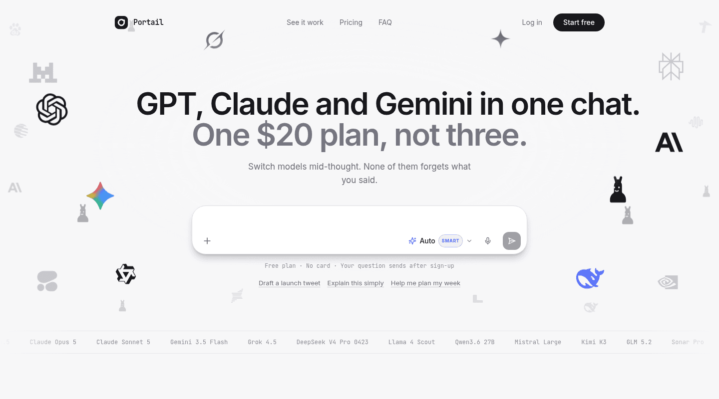 The new Portail home page: the headline, and the app's composer with the model picker set to Auto