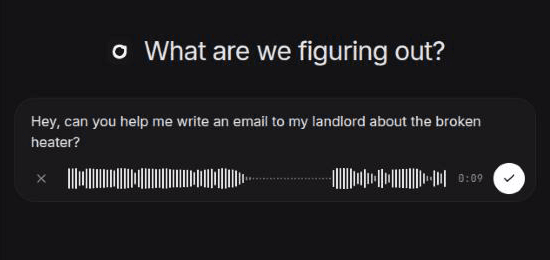 The chat box filling with dictated text while a waveform and timer show it listening