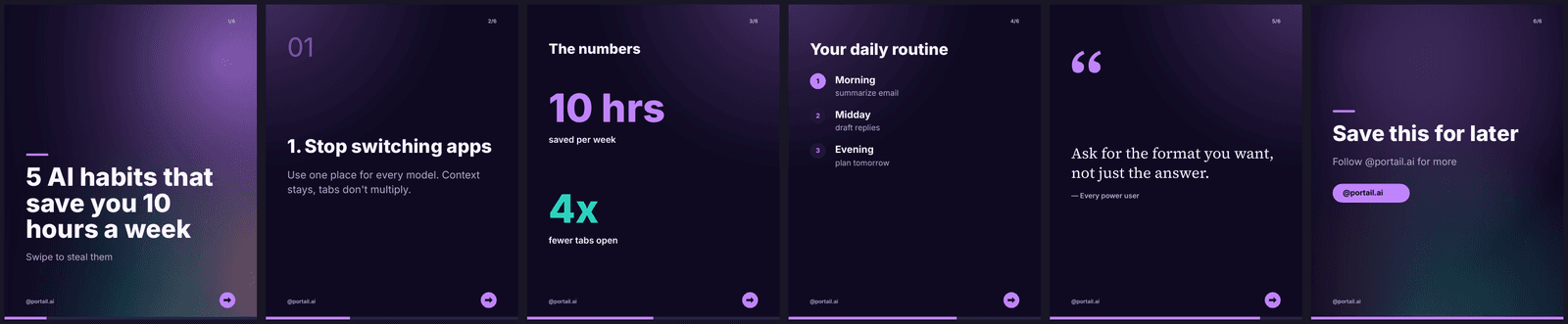 Six pages of a dark purple Instagram carousel: a hook cover, a numbered point, big-number stats, a numbered routine, a quote and a closing page with a handle